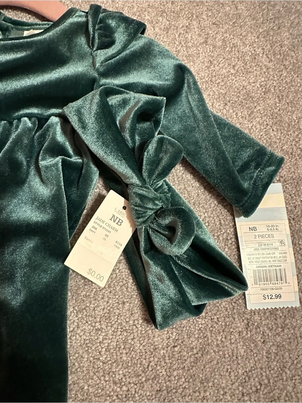 NWT- Velvet Emerald Green Baby Romper with bow-cat and jack- NB